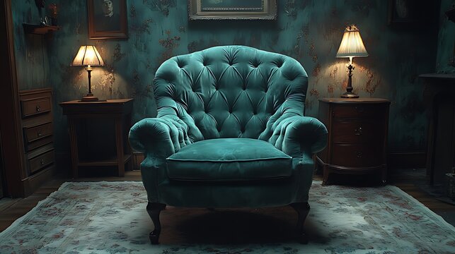 Teal armchair, dimly lit room, antique setting, suspenseful mood, film still