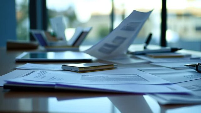 Workplace Chaos: Close-Up View of Scattered Documents and Mobile Devices on a Table