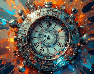 Obraz premium Prismatic shattered clocks symbolizing timeless rebellion, with a fusion of chrome and hourglass elements, reflecting the clash of time and defiance.