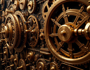 Fototapeta premium Cryptographic key farm with rotating encryption wheels and brass gears, a modernized take on the Enigma machine.