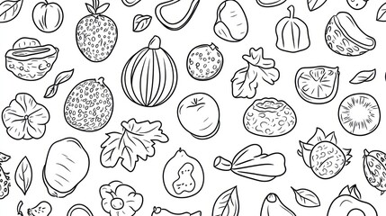 Hand-drawn fruit and vegetable pattern seamless background for design, food illustration