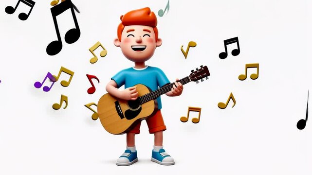 Cartoon Boy Playing Guitar with Musical Notes Floating Around Illustration