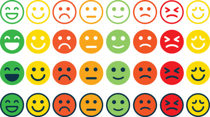 The Emoticon set features a collection of emoji faces in a colorful flat style. Include smile, happy, sad, angry, and surprised expressions color,  simple line smiley face vector illustration.