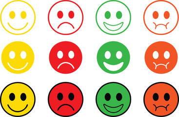 The Emoticon set features a collection of emoji faces in a colorful flat style. Include smile, happy, sad, angry, and surprised expressions color,  simple line smiley face vector illustration.