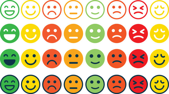 Naklejki The Emoticon set features a collection of emoji faces in a colorful flat style. Include smile, happy, sad, angry, and surprised expressions color,  simple line smiley face vector illustration.