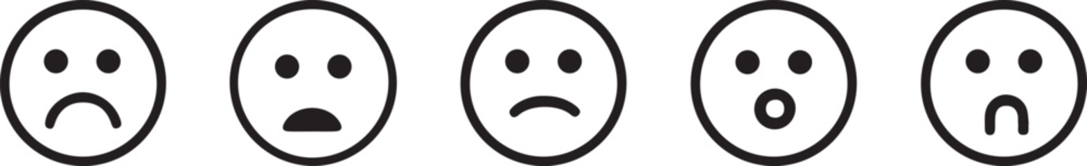 Sad emoji, sadness unhappy face icon set vector or emoticon line art icons illustration
