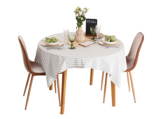 Served restaurant table with flowers on white background