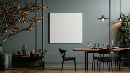 Modern dining room interior with blank canvas, table setting, and stylish decor