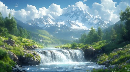 Fototapeta premium Mountain waterfall scenic landscape, idyllic valley, summer