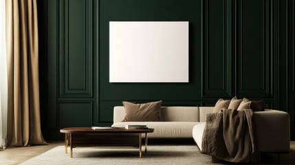 Elegant living room interior with dark green wall panels, sofa, and blank canvas