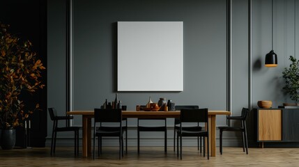 Elegant dining room interior with blank canvas, wooden table and chairs, art mockup