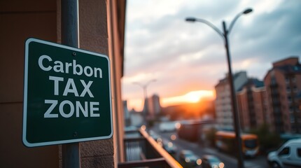 stock photo Warm terracotta and cool teal tones, soft light. Green Carbon Tax Zone sign with white text, low angle. Blurred cityscape, warm sunset, shallow depth of field.