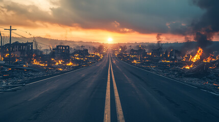 Fototapeta premium Devastation at Sunrise: A road leads into a town ravaged by fire, smoke filling the sky as the sun rises over the horizon.