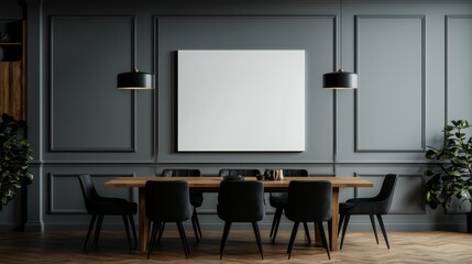 Elegant dining room interior with blank canvas and modern lighting for art display