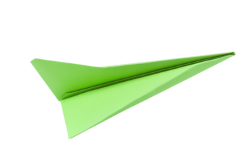 Delicate green paper airplane gliding through a bright, open space on a calm afternoon isolated on transparent background