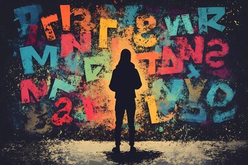 Silhouette of a person facing chaotic colorful letters, abstract concept of dyslexia, reading difficulty, cognitive processing disorder, dark background with vibrant splashes of red, blue, and yellow