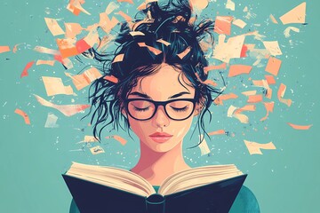 Surreal illustration of a young woman with glasses reading a book, abstract flying pages symbolizing thoughts, knowledge, or dyslexia, teal background with warm orange accents