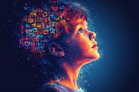 Digital painting of a young boy with abstract letters dissolving from his mind, concept of dyslexia, learning difficulties, cognition, and neurodiversity, dark blue background with vibrant neon colors