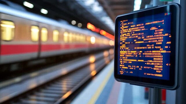 Digital display board showing train schedules at a busy station with a train in motion nearby