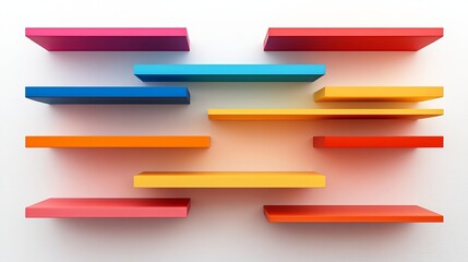 A set of empty, abstract, colorful shelves, isolated against a white background. 