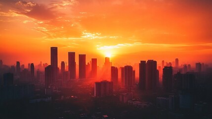 Fototapeta premium A stunning sunset over a city skyline, casting vibrant colors and shadows.