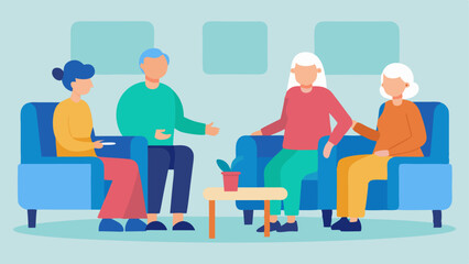 Supportive Common Area A common area with comfortable seating arrangements featuring seniors chatting and enjoying each others company with mobility aids like walkers and