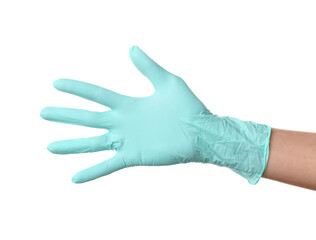 Female hand in medical glove showing five fingers on white background