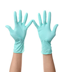 Obraz premium Female hands in medical gloves on white background