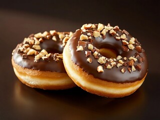Chocolate glazed donuts with almonds. Close-up. Food photography. Stock