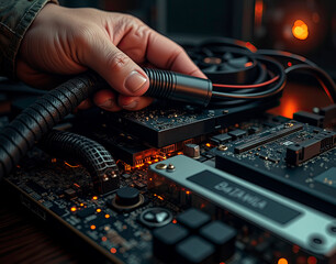Photorealistic close-up of a miner hand installing a GPU, showcasing detailed textures of metal, plastic, and cables.