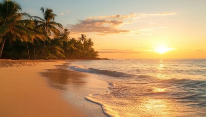 Tropical beach sunset, calm waves, palm trees, paradise. Use Stock photo