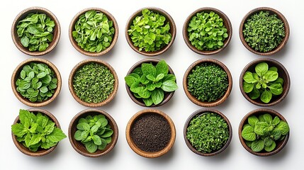 Obraz premium Fresh herbs in small wooden bowls, various types, flat lay on white background