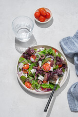 Vegetable salad (Greek salad) with cherry tomatoes, feta cheese, lettuce, olives and red onion in a plate
