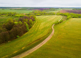 Panoramic view of meadows and Fields of Central Russia on may gloomy day