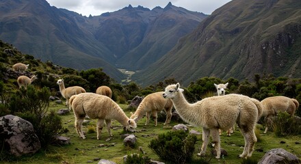 Naklejka premium Gentle Grazers The Alpaca in Andean Highlands