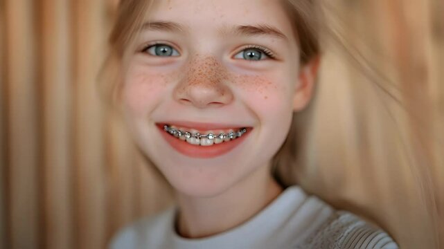 Girl teenager with light freckles and braces shows off her bright smile. She is dressed in a cozy sweater, illuminated by soft, natural lighting in the background.