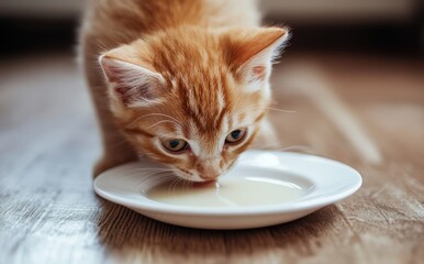 Adorable orange kitten drinking milk from a small white plate on a wooden floor in a cozy indoor setting with soft lighting and blurred background