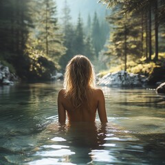 Fototapeta premium Woman in a river enjoying nature and a refreshing swim on a sunny day