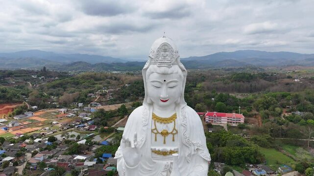 Aerial view of Wat Huay Pla Kang, white big statue of Goddess of Mercy, Chiang Rai, Thailand