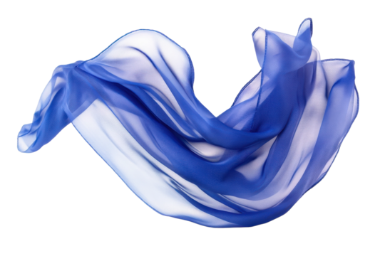A flowing blue silk scarf gracefully dances in the gentle breeze under the morning sunlight isolated on transparent background