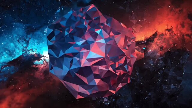 futuristic low poly glowing crystal rock with abstract geometric pattern in cyber digital landscape  