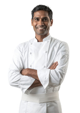 Portrait of Indian chef dressed as cook with no background. AI generative.