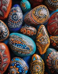 On a striking red background, a collection of black, red, and neutral-toned stones is artfully arranged. The various textures and shapes create a visually captivating display.