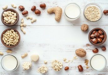 Assorted Nuts, Oats, and Milk on Wooden Table Surrounded by Healthy Ingredients in Stylish Bowls for Gourmet Plant-Based Culinary Inspiration