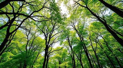 Fototapeta premium Vibrant Green Forest Canopy, Sunlit Nature Serenity. Environmental background.