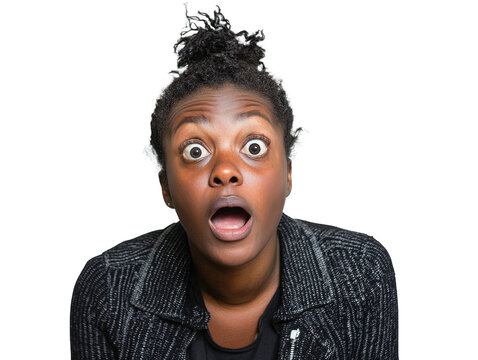 Portrait of African American woman with exaggerated scared expression, cut out without background. AI generative.