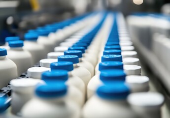 Obraz premium Bottled Milk Production Line with Blue Caps in a Factory Setting Showcasing Modern Dairy Processing Equipment and Conveyors for Efficient Filling