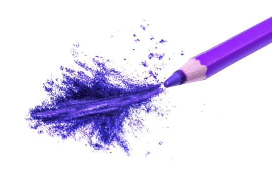 Vibrant purple pencil creating a colorful explosion on white canvas isolated on transparent background