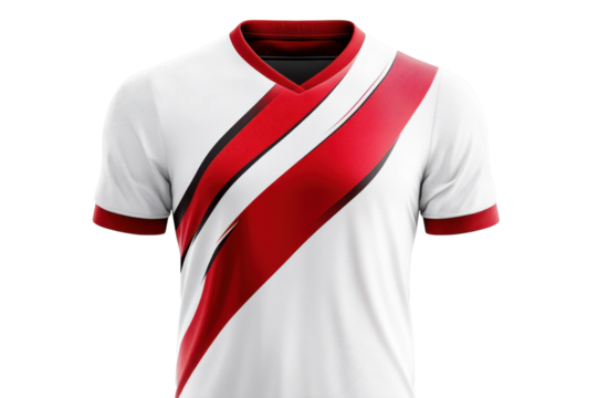 Stylish soccer jersey with red and white design, perfect for spirited games or fan apparel isolated on transparent background - Powered by Adobe