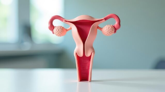 A anatomical female reproductive system model of a uterus on a bright background. Concept of: The uterus and its functions.